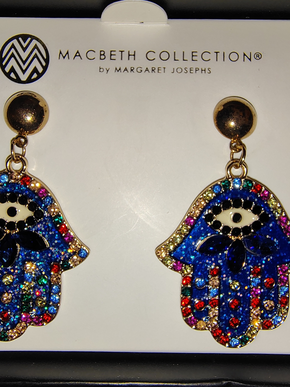 Macbeth Collection by  Margaret Josephs Blue Hamsa Crystal Drop Earrings